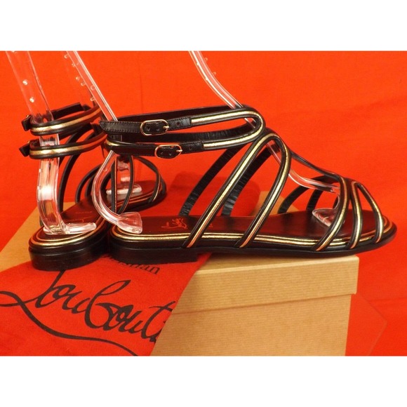 NIB LOUBOUTIN ZENOSANDY BLACK LEATHER CAGED BUCKLES FLATS GLADIATOR SANDALS 38.5 - Picture 8 of 12